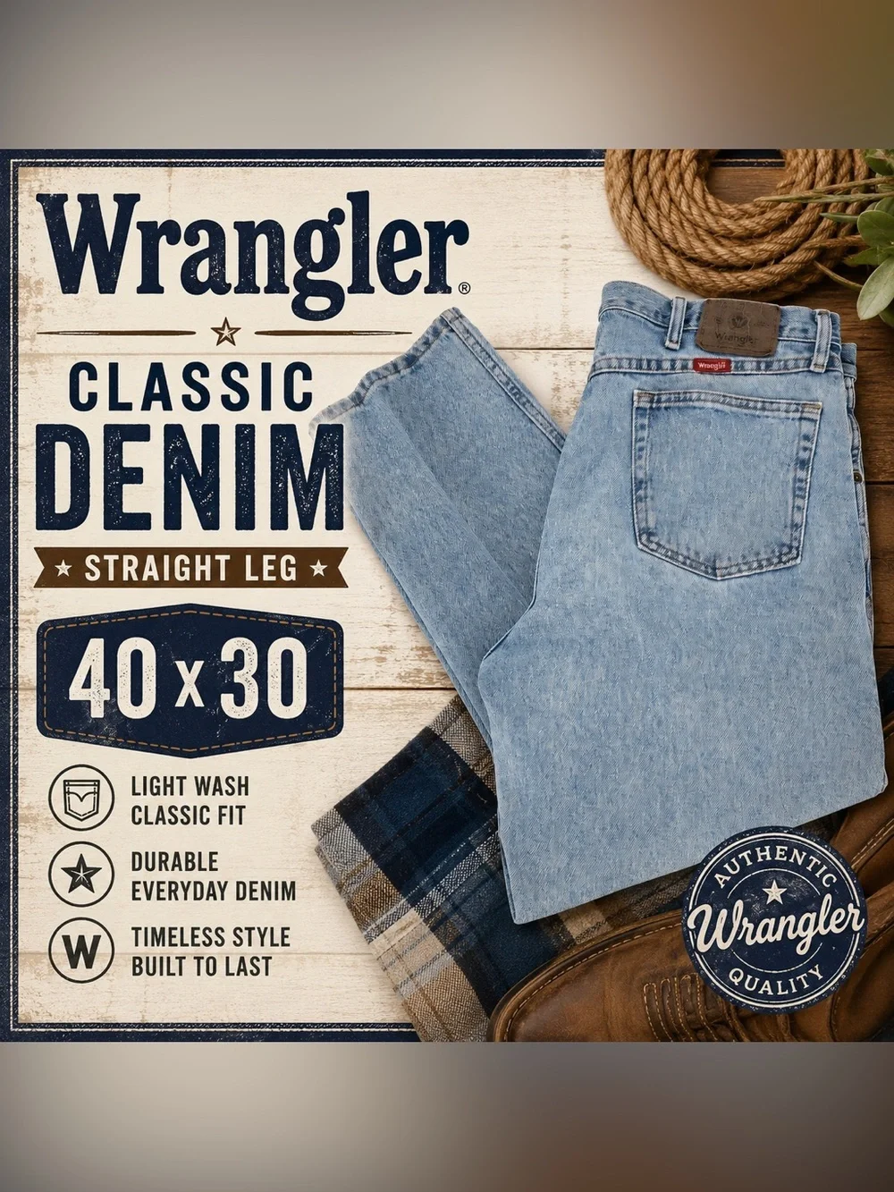 Wrangler Men’s Jeans 40x30 Light Wash Straight Leg Classic Denim